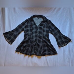 Torrid Gray & Black Plaid Fit & Flare Blouse Size 0 (Large) Bell Sleeves